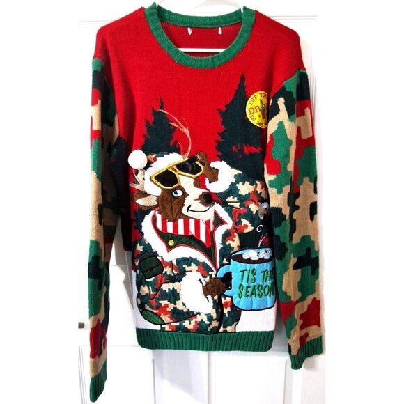 Kohl's Celebrate Men's M/L Ugly Christmas Sweater Pocket Camo Reindeer - Picture 2 of 10